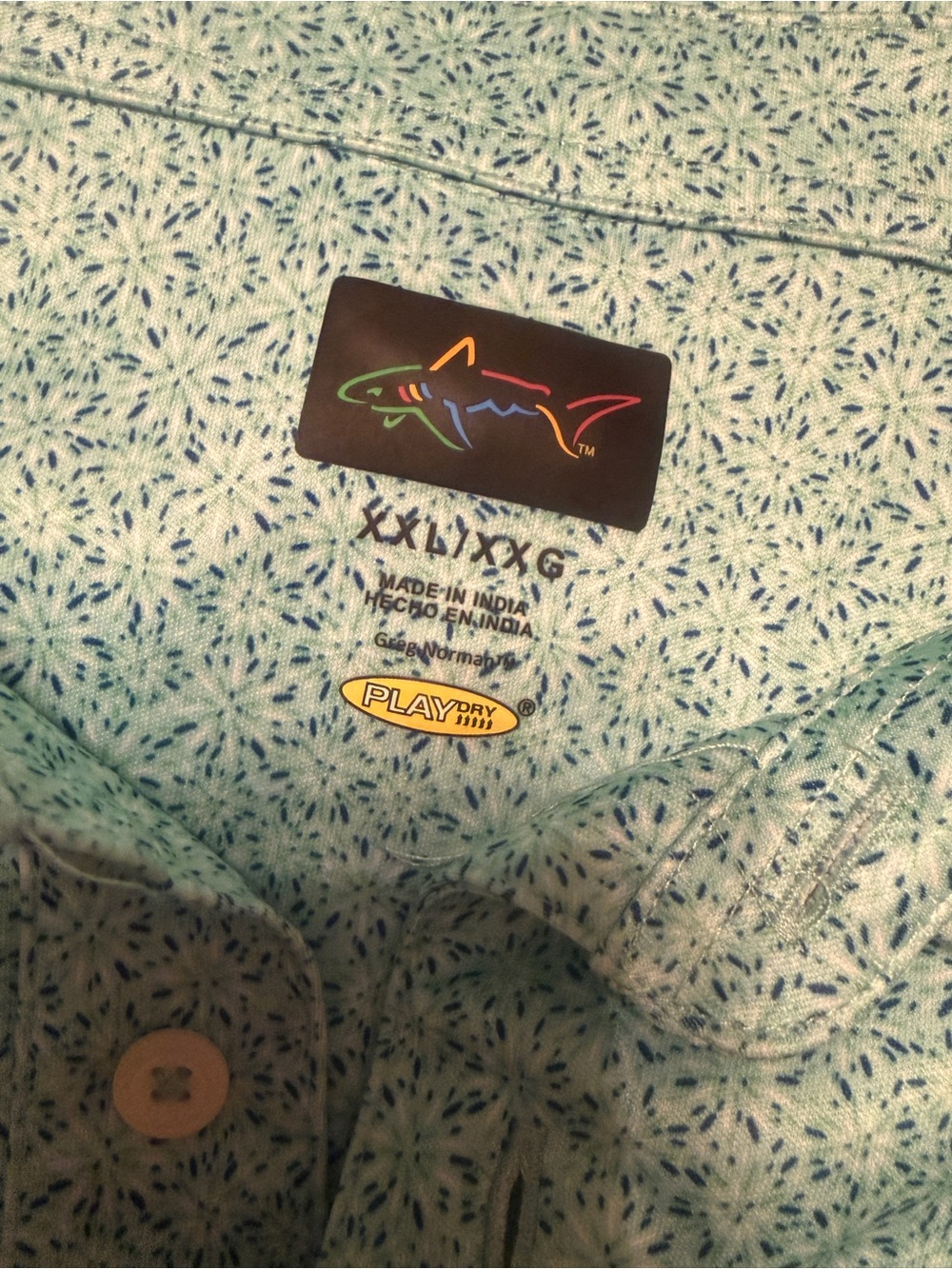 Greg Norman Collection Mint Green Speckled Button-Up with Rainbow Shark Patch